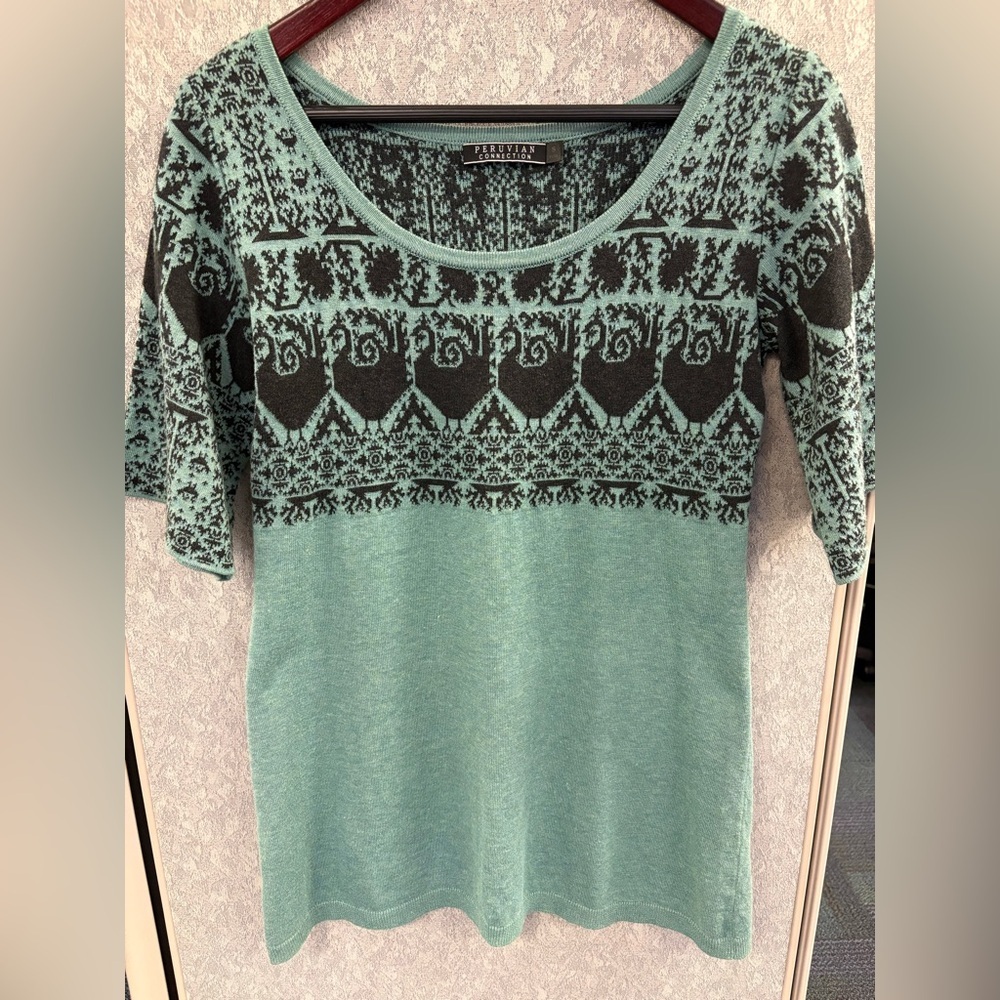 Peruvian Connection Aqua and Black Ornate Blouse